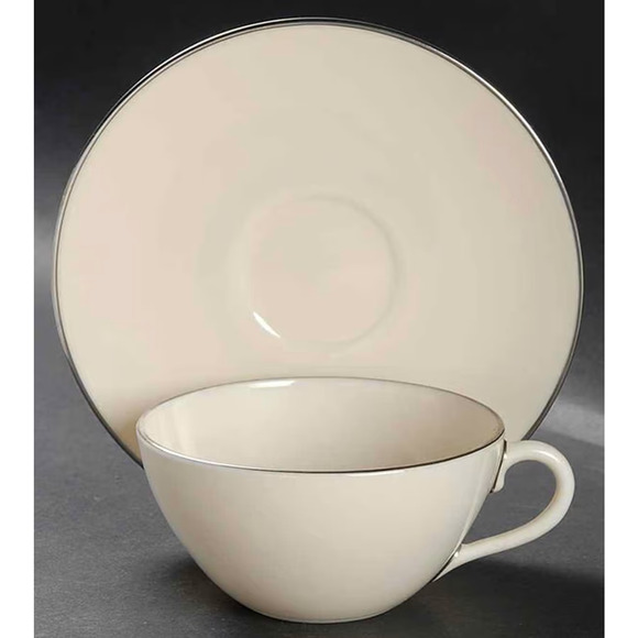 Olympia Platinum by Lenox Flat Cup & Saucer Set of 4 USA White w/ Silver Rim - Picture 1 of 10